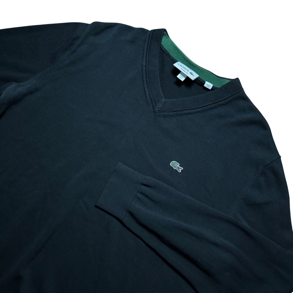 Lacoste‎ V-Neck Sweater Mens Large Black Cotton Classic Fit Pullover Logo